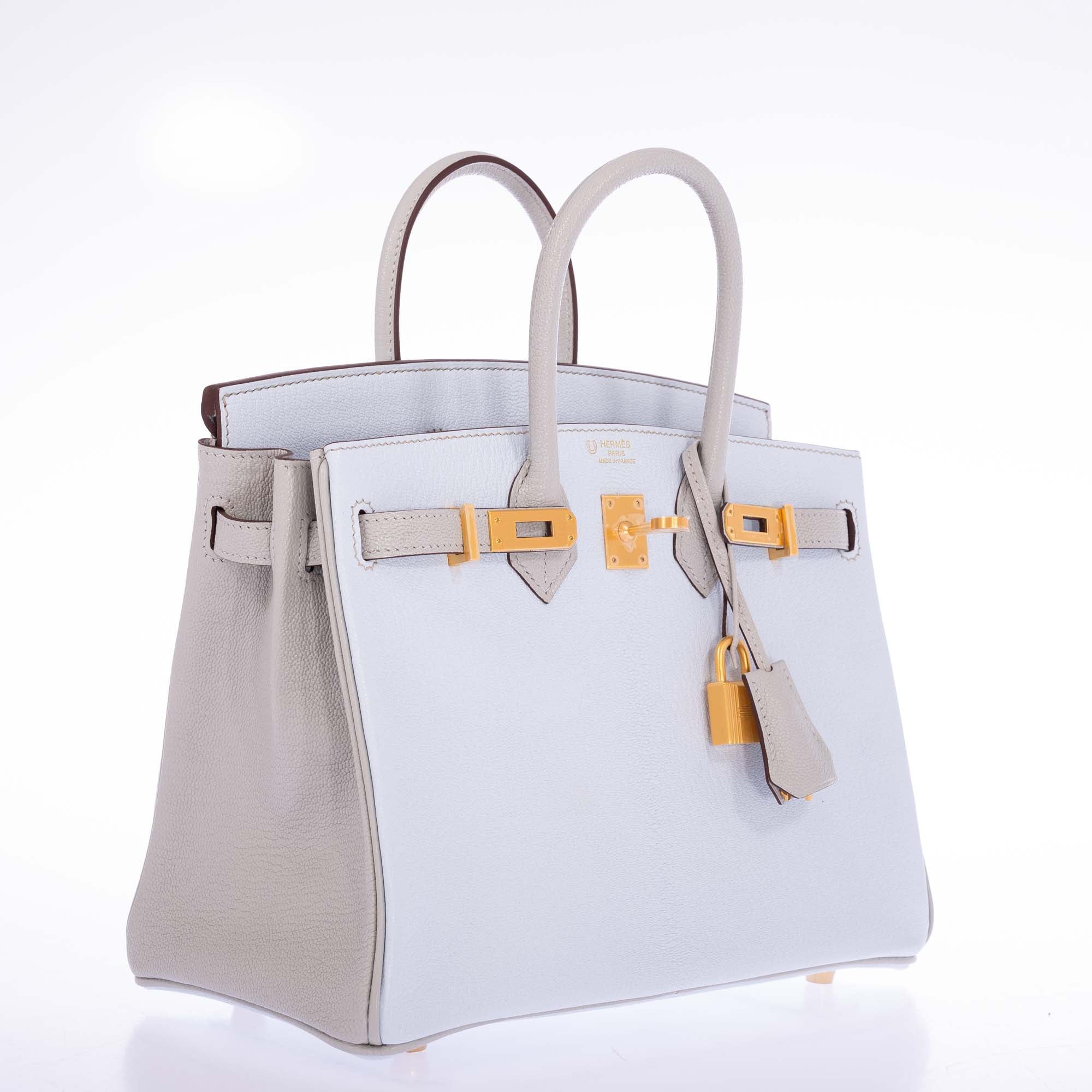 Hermès Birkin 25 HSS Blue Brume and Gris Pale Chèvre with Brushed Gold Hardware