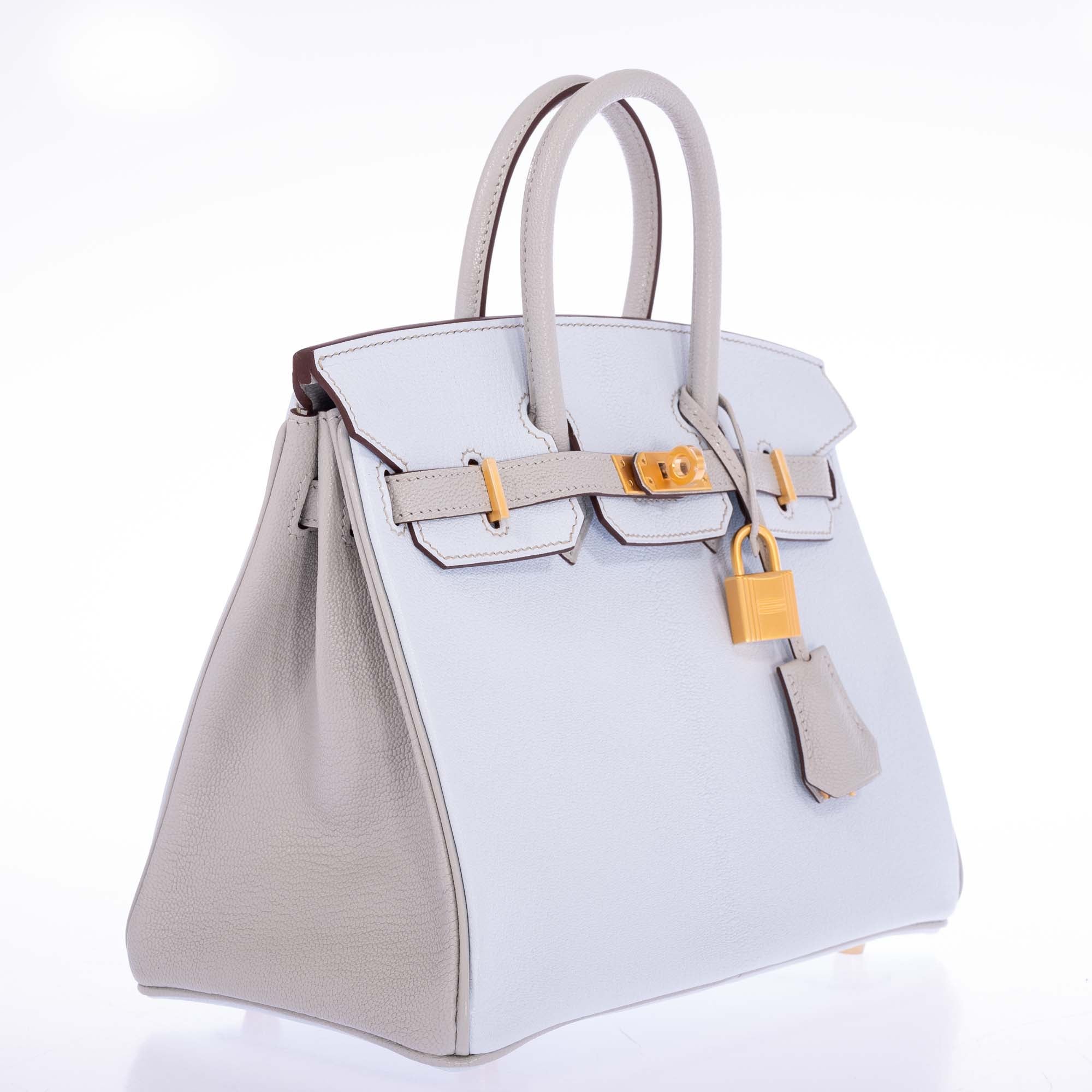 Hermès Birkin 25 HSS Blue Brume and Gris Pale Chèvre with Brushed Gold Hardware