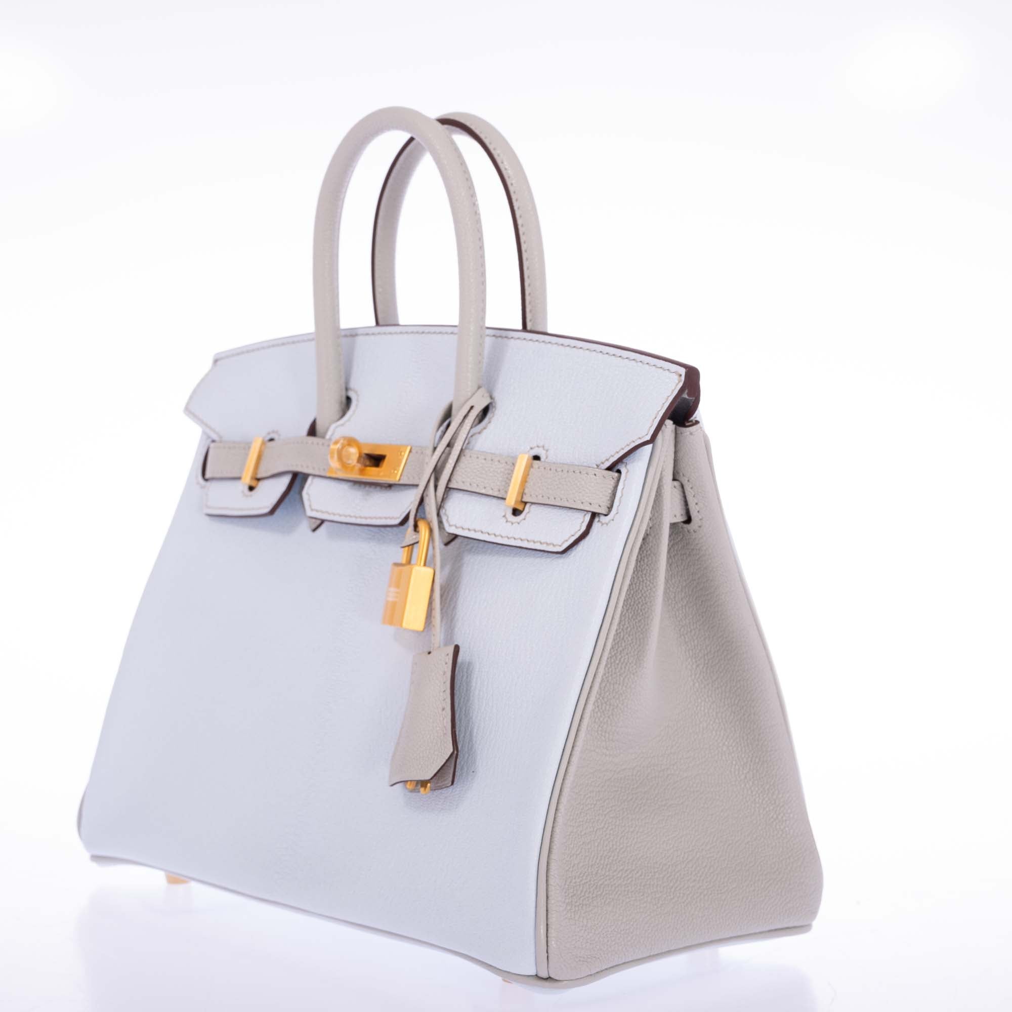 Hermès Birkin 25 HSS Blue Brume and Gris Pale Chèvre with Brushed Gold Hardware