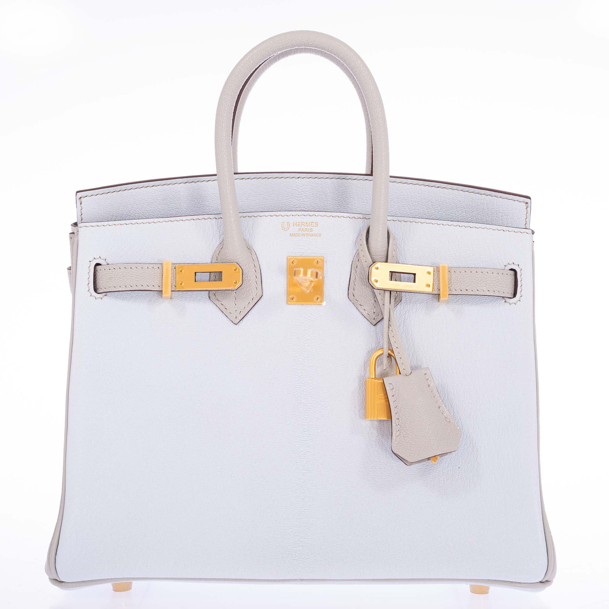 Hermès Birkin 25 HSS Blue Brume and Gris Pale Chèvre with Brushed Gold Hardware