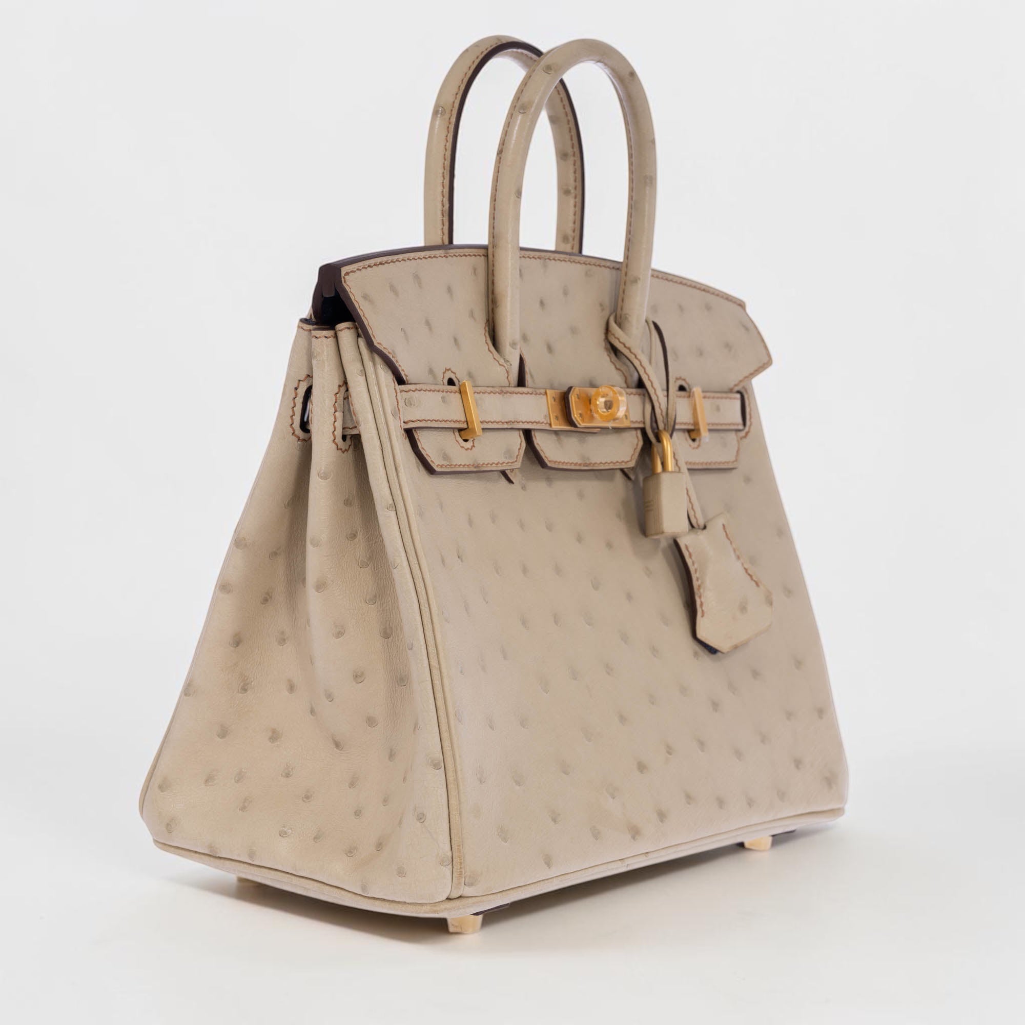 Hermès Birkin 25 HSS Nata Ostrich, three-quarter view showing the gusset