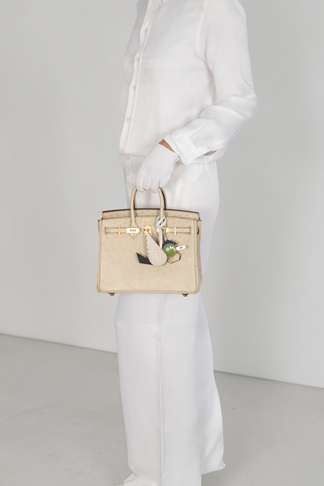Hermès Birkin 25 HSS Nata Ostrich carried by hand, styled with charms sold separately