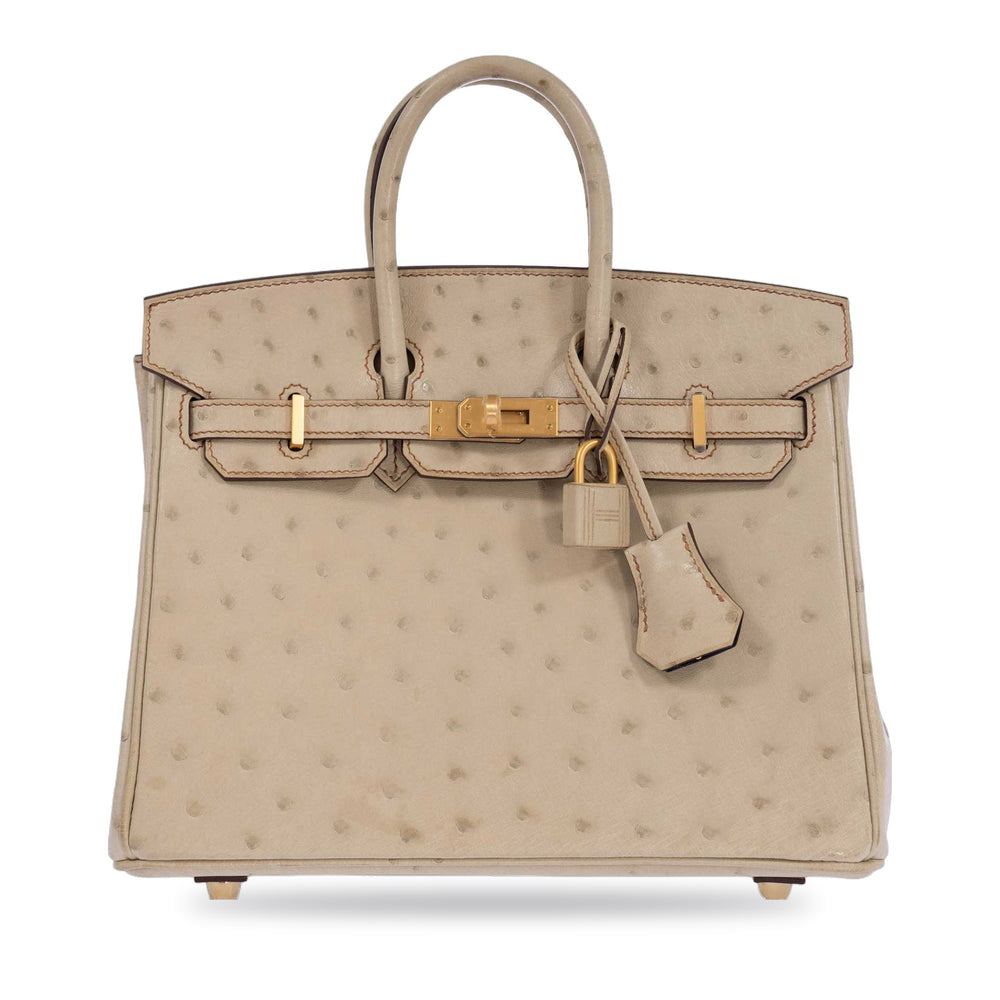 Hermès Birkin 25 HSS Nata and Bleu Saphir Ostrich Gold Hardware, front view, closed with lock and clochette