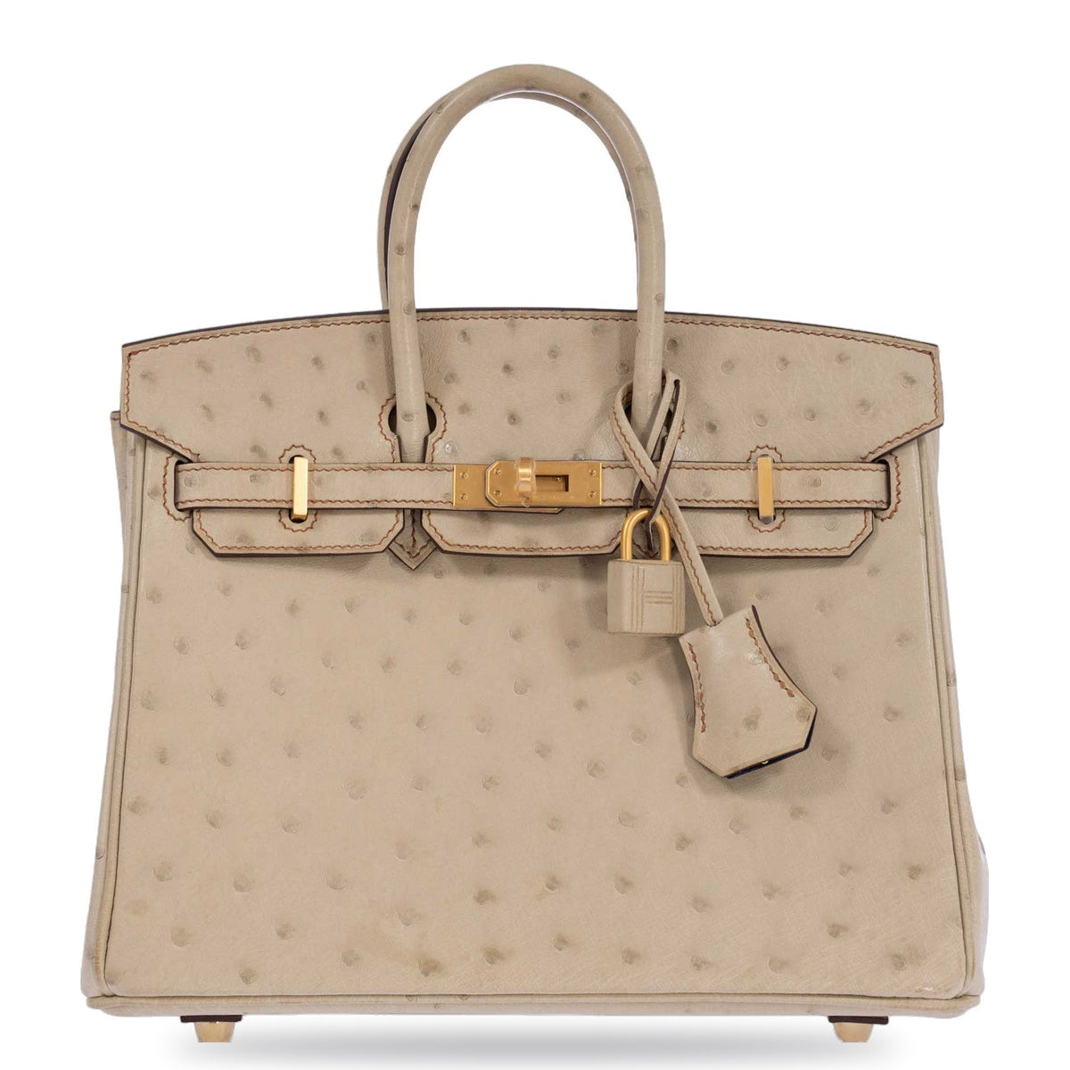 Hermès Birkin 25 HSS Nata and Bleu Saphir Ostrich Gold Hardware, front view, closed with lock and clochette