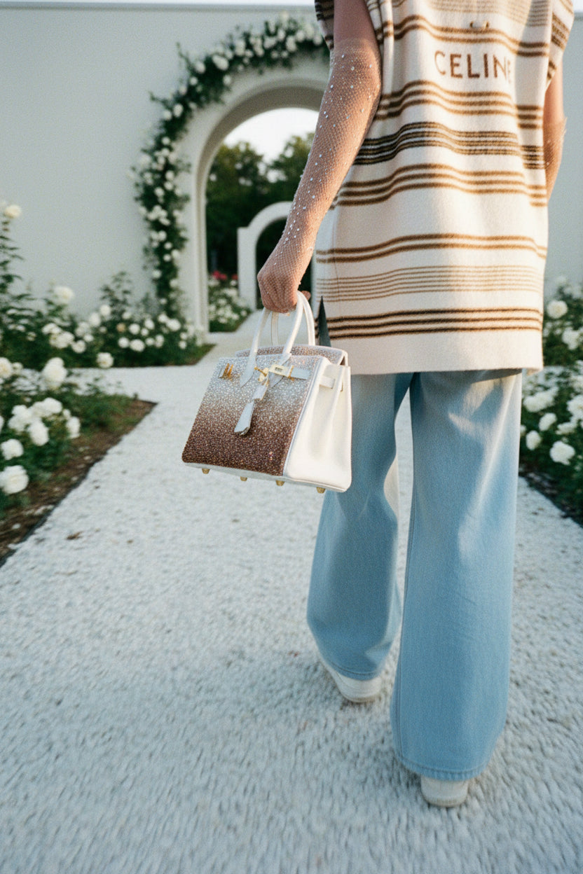 Hermès Birkin 25 JaneFinds Custom Shop "The Ombré" Swarovski Crystal Blanc Base Gold Hardware