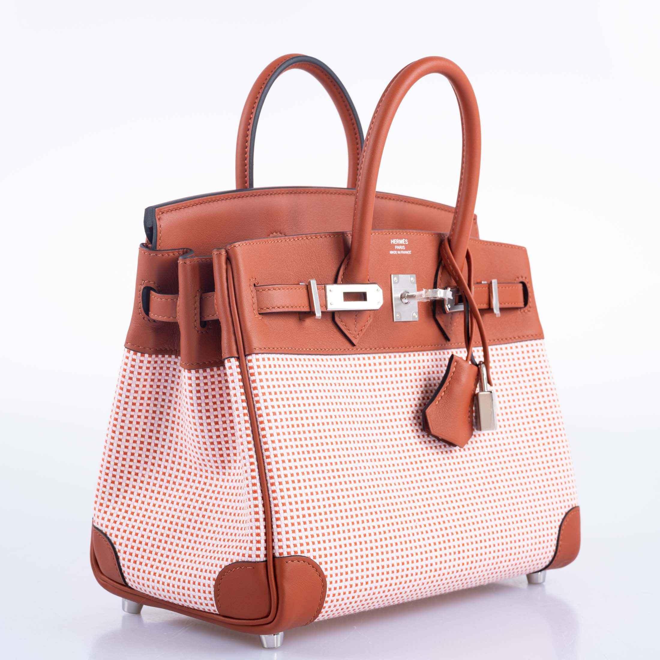 Hermès Birkin 25 Limited Edition Brique, Écru, Mauve Sylvestre Toile Quadrille and Terre Battue Swift Leather Palladium Hardware