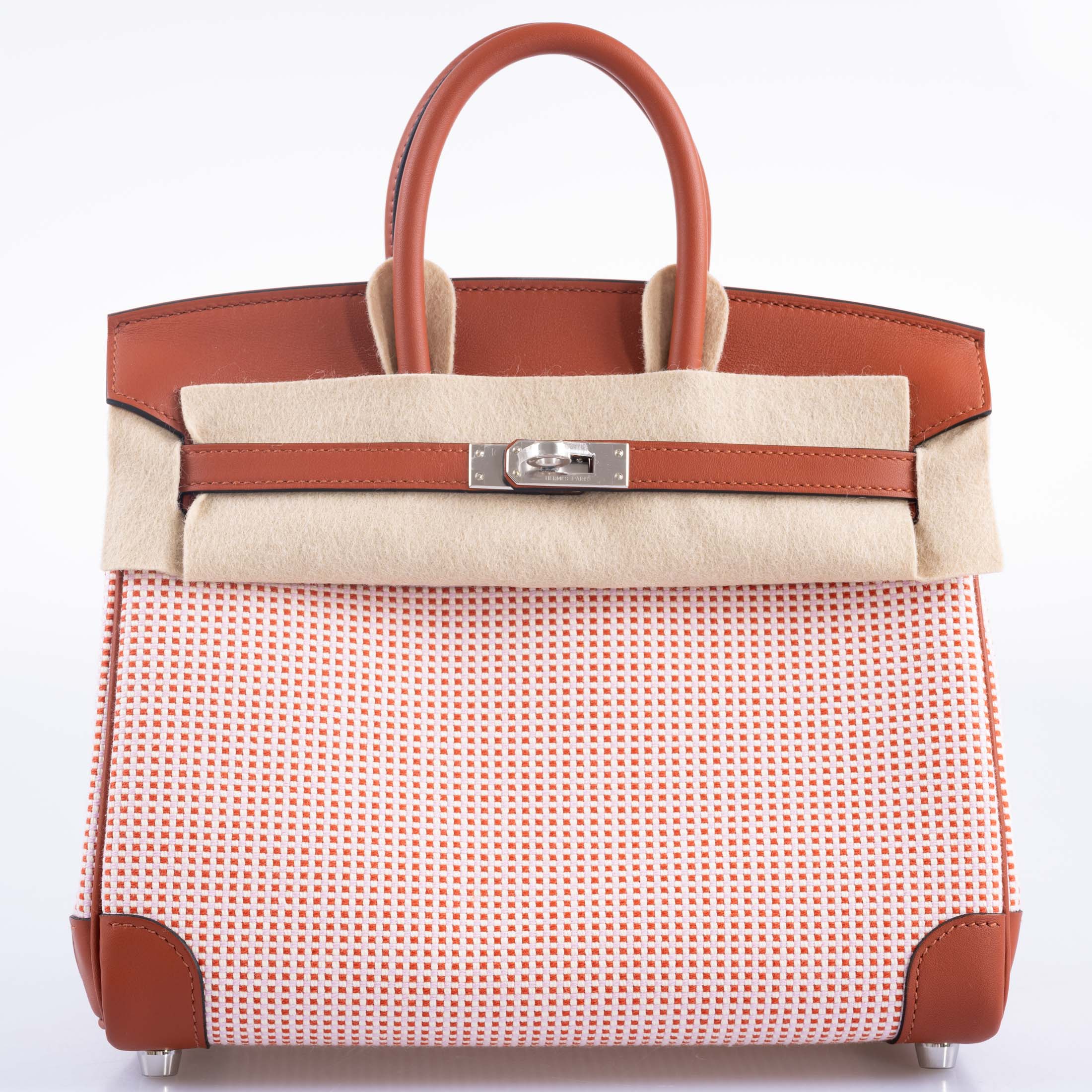 Hermès Birkin 25 Limited Edition Brique, Écru, Mauve Sylvestre Toile Quadrille and Terre Battue Swift Leather Palladium Hardware