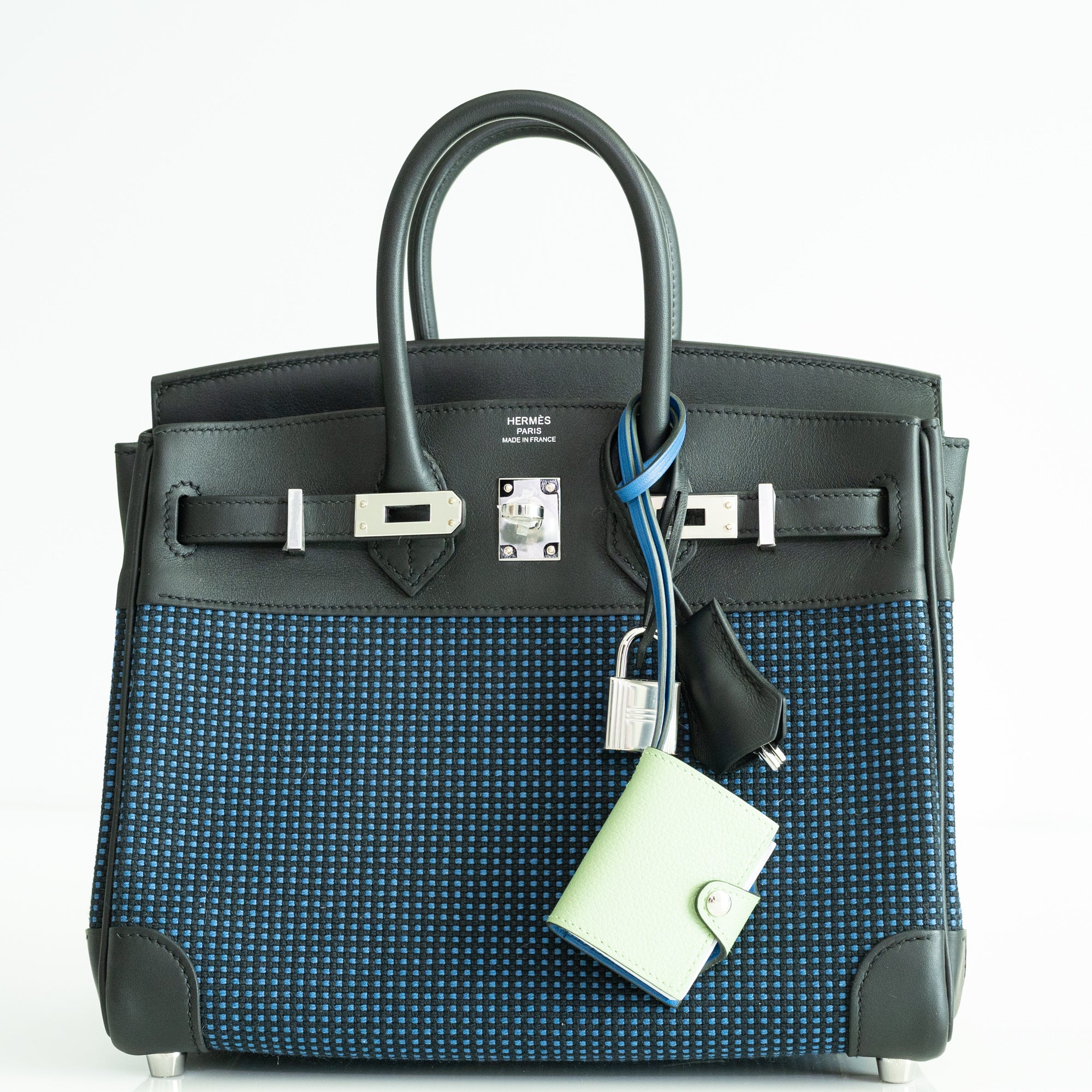 Hermès Birkin 25 Quadrille Bleu de Malte/Noir Toile Canvas Swift Palladium Hardware