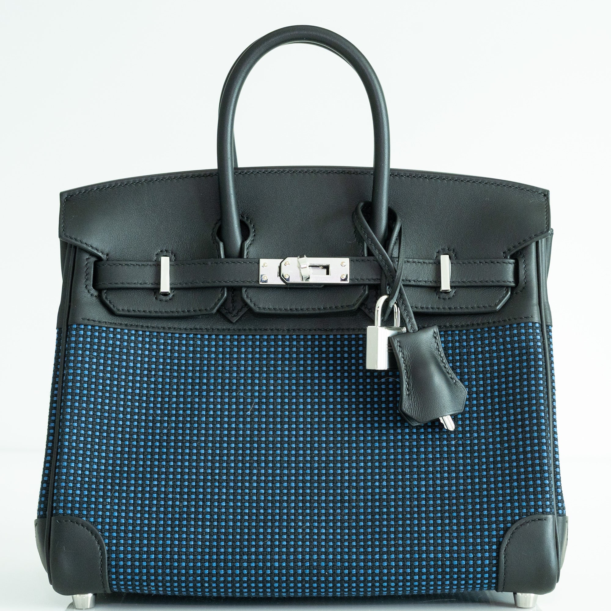 Hermès Birkin 25 Quadrille Bleu de Malte/Noir Toile Canvas Swift