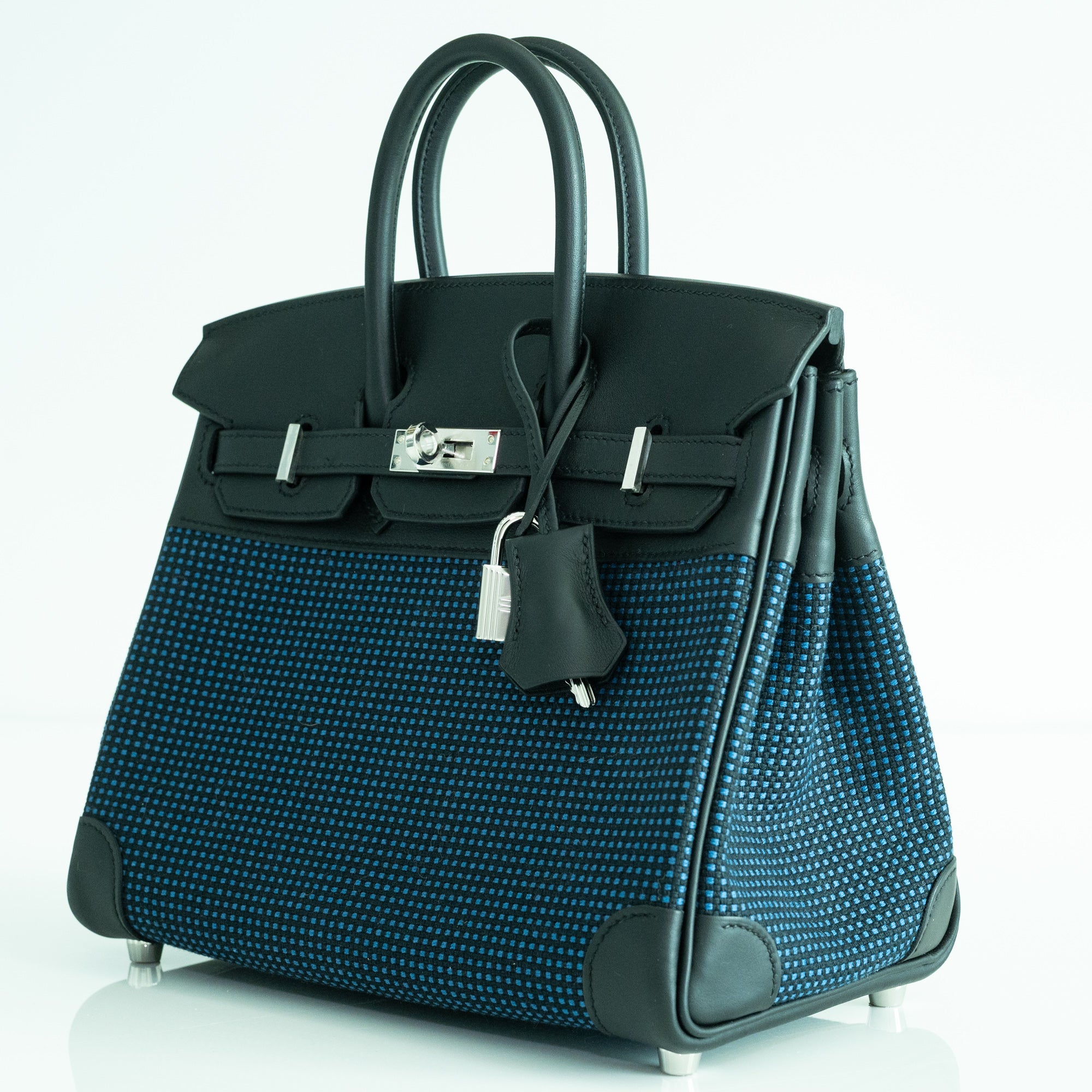 Hermès Birkin 25 Quadrille Bleu de Malte/Noir Toile Canvas Swift Palladium Hardware