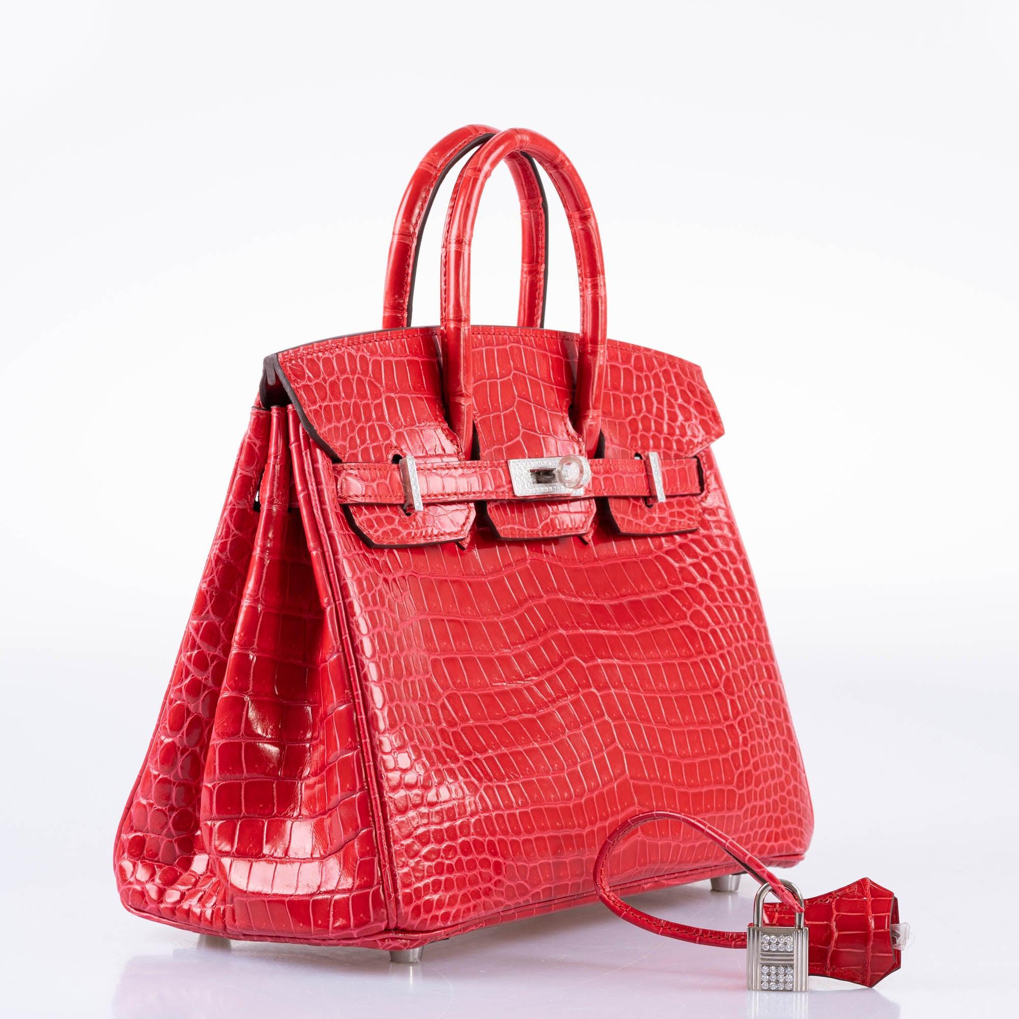 Hermès Birkin 25 Rouge de Coeur Shiny Porosus Crocodile 18K White Gold Hardware & Diamonds