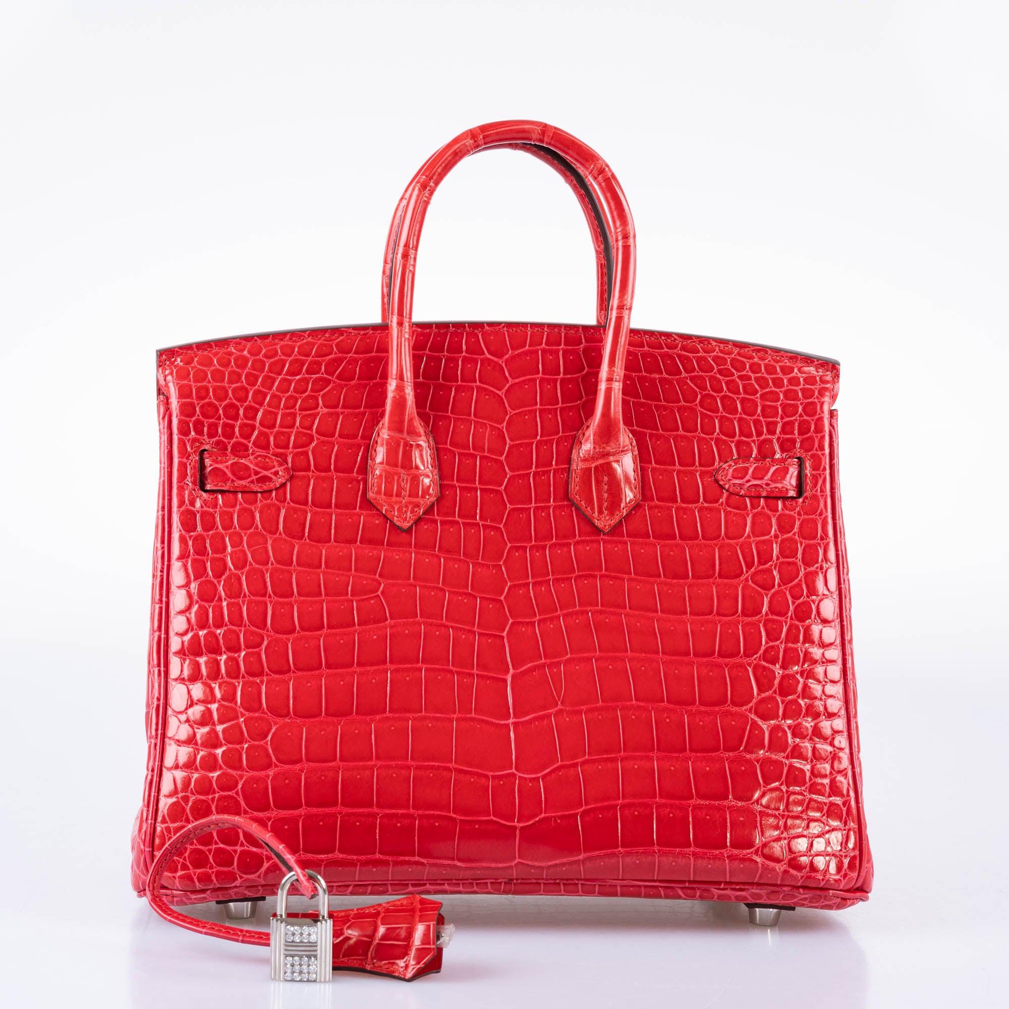 Hermès Birkin 25 Rouge de Coeur Shiny Porosus Crocodile 18K White Gold Hardware & Diamonds