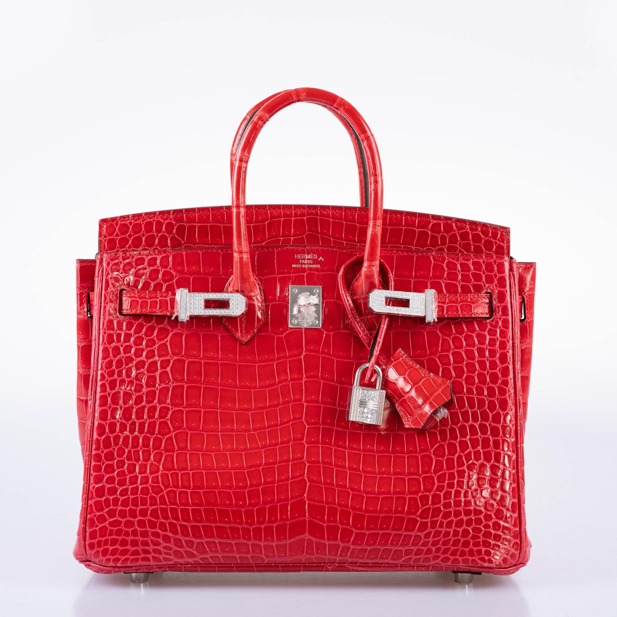 Hermès Birkin 25 Rouge de Coeur Shiny Porosus Crocodile 18K White Gold Hardware & Diamonds