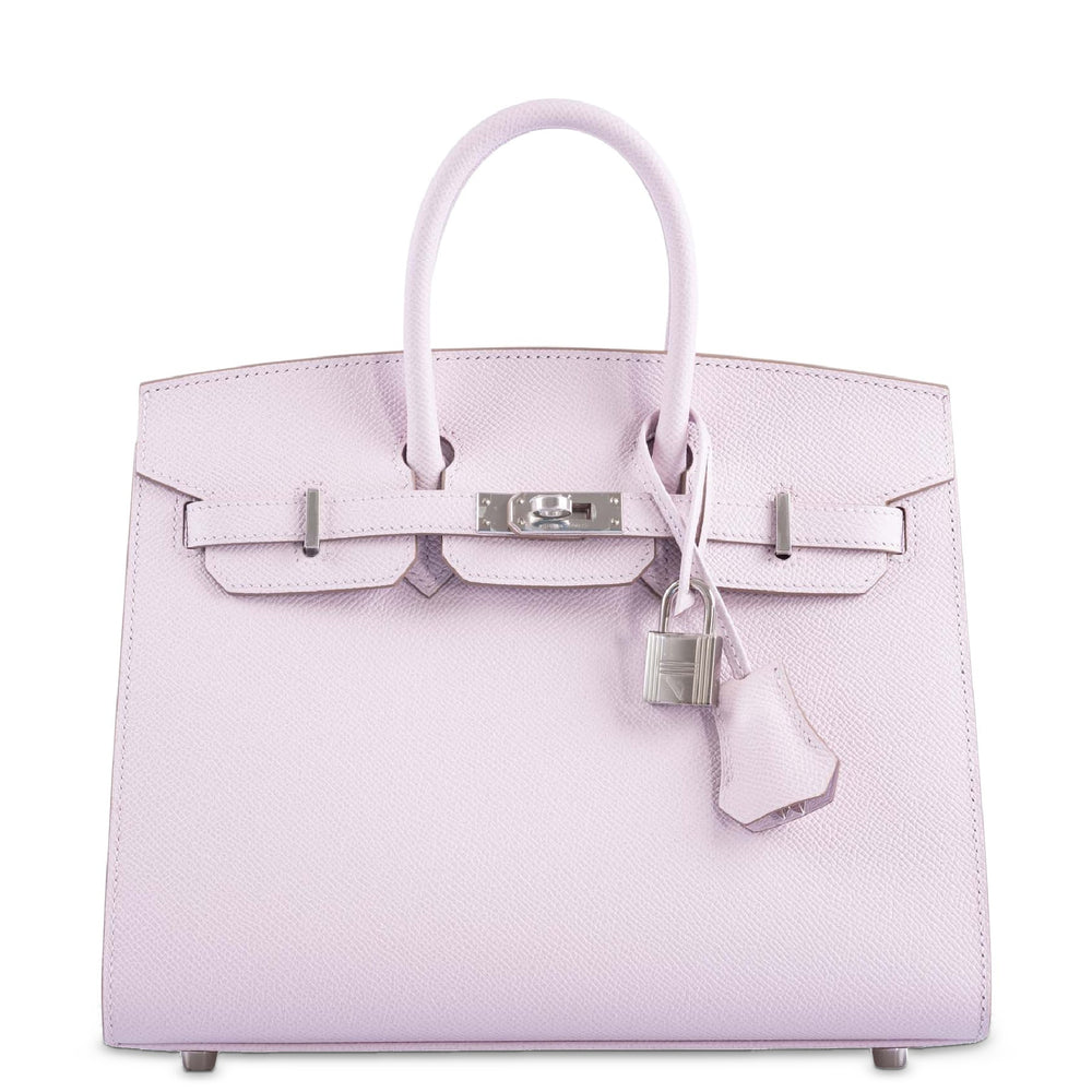 Hermès Birkin 25 Sellier Mauve Pale Epsom Palladium Hardware, front view with lock and clochette