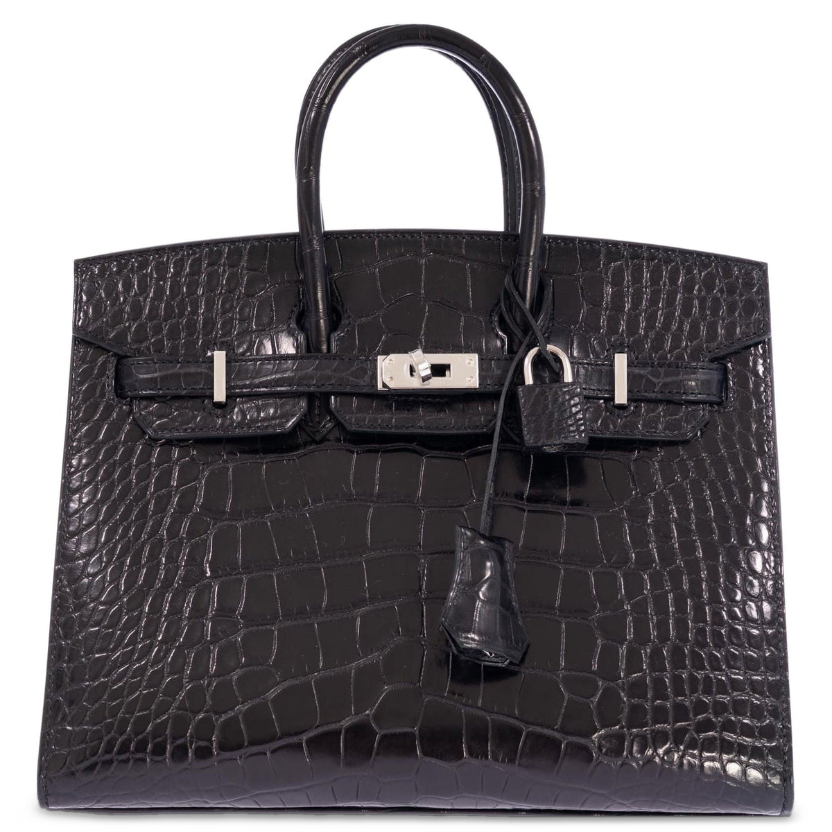 Hermès Birkin 25 Sellier Noir Matte Alligator Palladium Hardware, front view