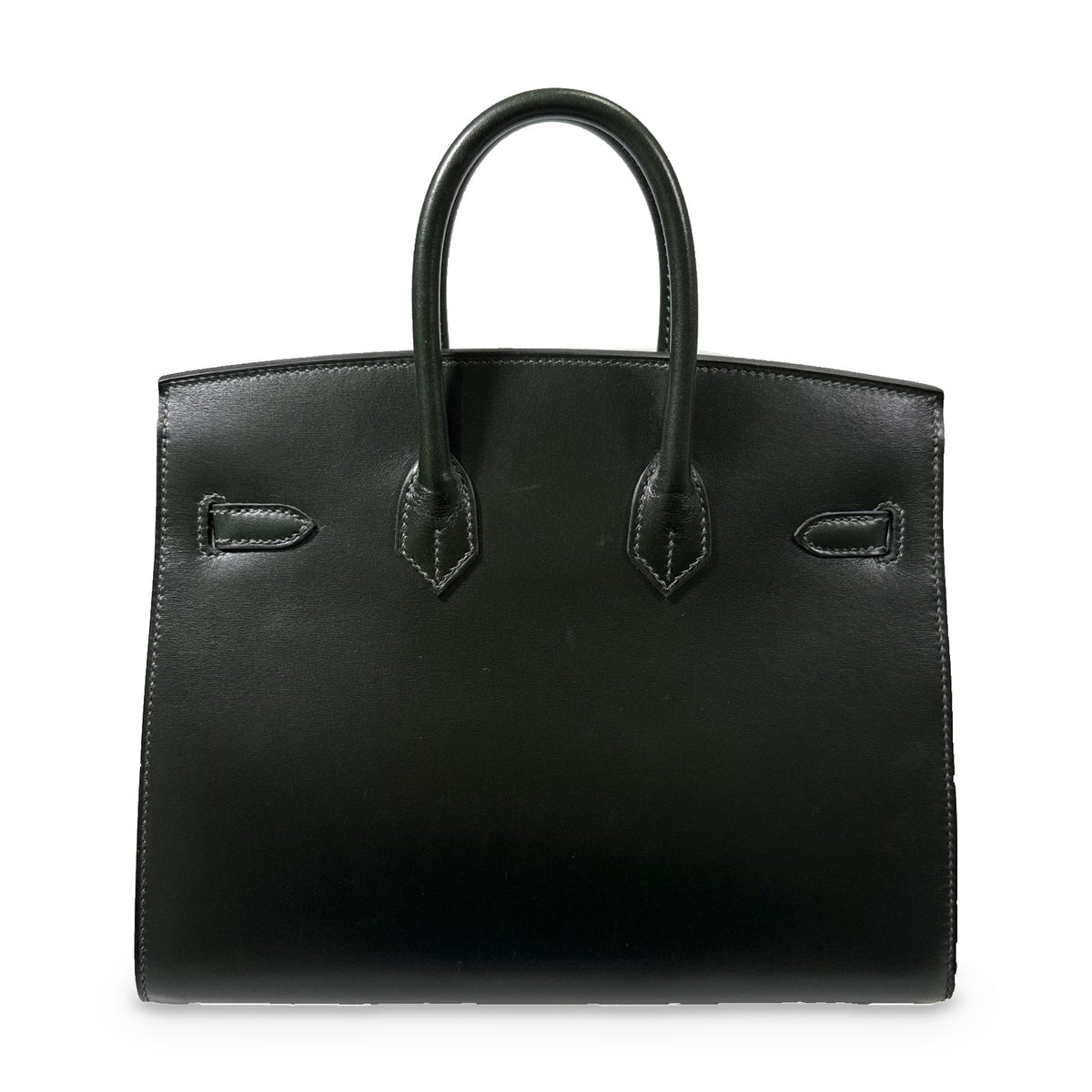 Hermès Birkin 25 Sellier Vert Foncé Box Calf Gold Hardware, back view showing the handle attachments and stitching.