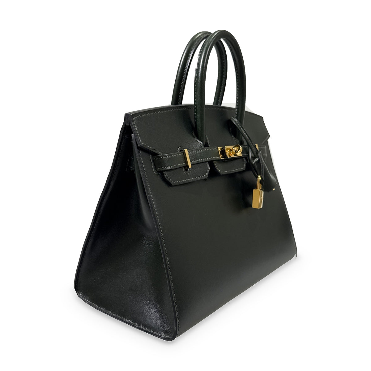 Hermès Birkin 25 Sellier Vert Foncé Box Calf Gold Hardware, left three-quarter view showing the stitched side gusset.