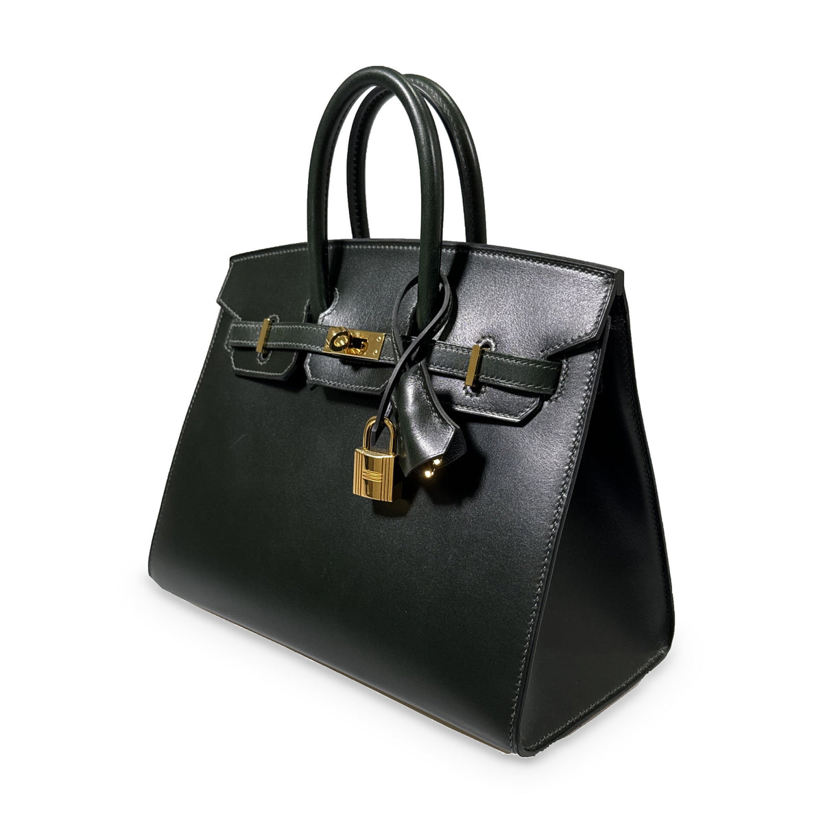 Hermès Birkin 25 Sellier Vert Foncé Box Calf Gold Hardware, right three-quarter view with padlock and clochette.