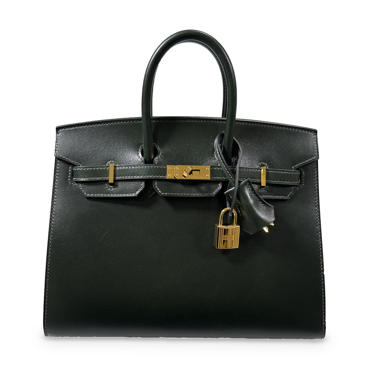 Hermès Birkin 25 Sellier Vert Foncé Box Calf Gold Hardware, front view with padlock, keys and clochette.