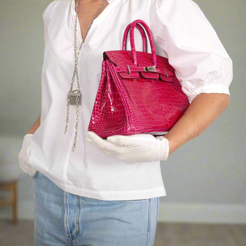 Hermès Birkin 25 Shiny Rose Mexico Porosus Crocodile Palladium Hardware