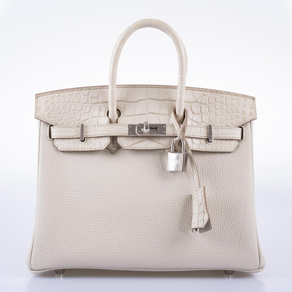 Hermès Birkin 25 Touch Béton Togo and matte alligator with palladium hardware, straight-on view with the flap closed.