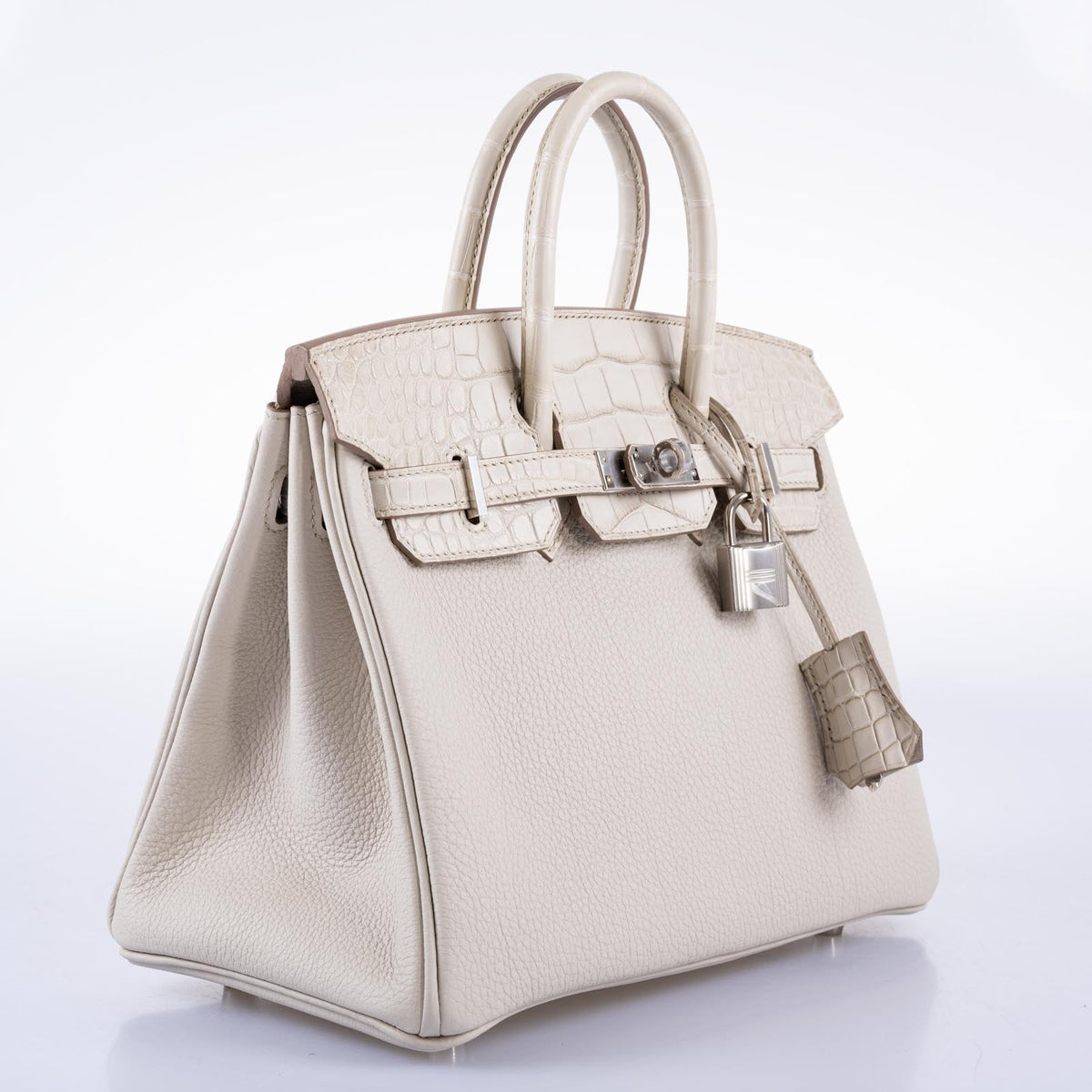 Hermès Birkin 25 Touch Béton Togo and matte alligator with palladium hardware, three-quarter view showing the left side.