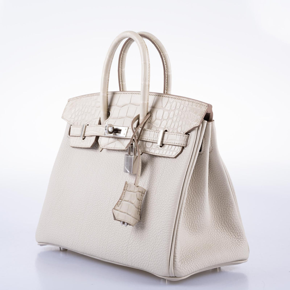 Hermès Birkin 25 Touch Béton Togo and matte alligator with palladium hardware, three-quarter view showing the right side.