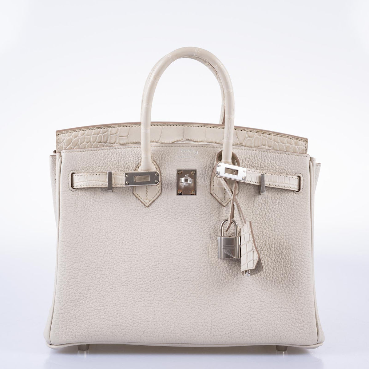 Hermès Birkin 25 Touch Béton Togo and matte alligator with palladium hardware, front view with the flap tucked inside.