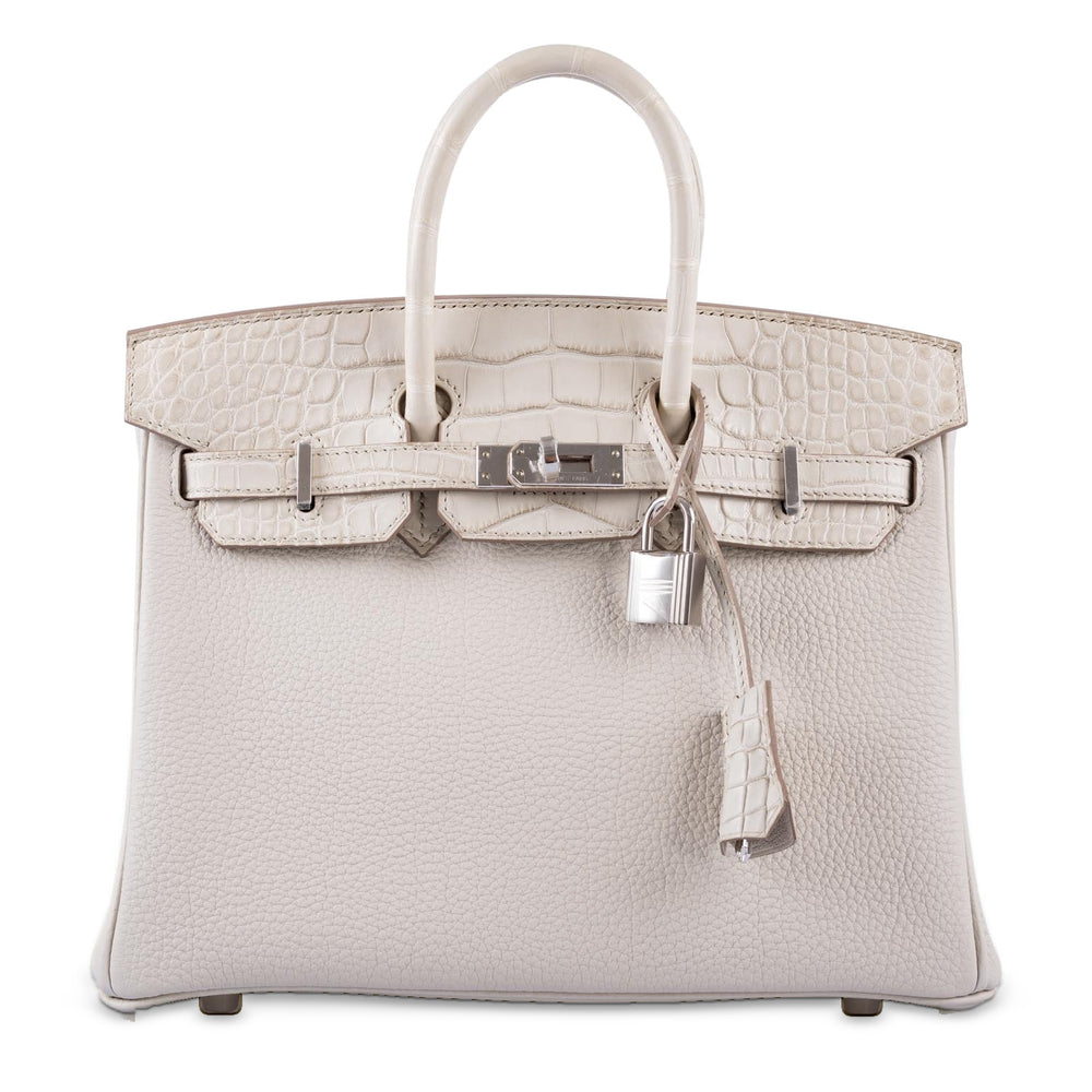 Hermès Birkin 25 Touch Béton Togo and Matte Alligator Palladium Hardware, front view, closed with lock and clochette