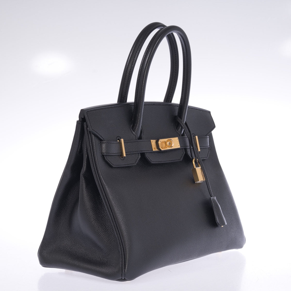 Hermès Birkin 30 Noir Epsom Gold Hardware, three-quarter view showing the gusset