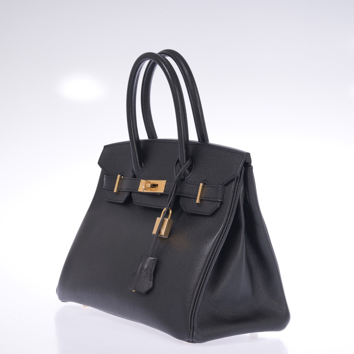 Hermès Birkin 30 Noir Epsom Gold Hardware, opposite three-quarter view