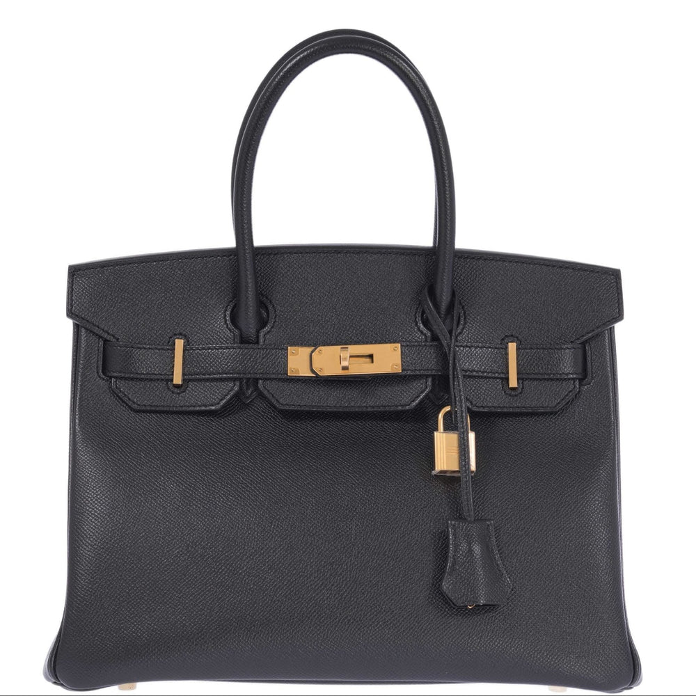 Hermès Birkin 30 Noir Epsom Gold Hardware, front view, closed with lock and clochette