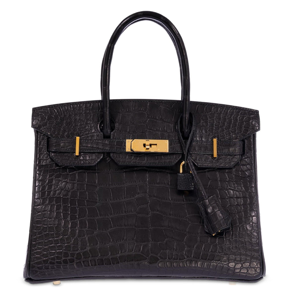 Hermès Birkin 30 Black Matte Alligator Gold Hardware, front view