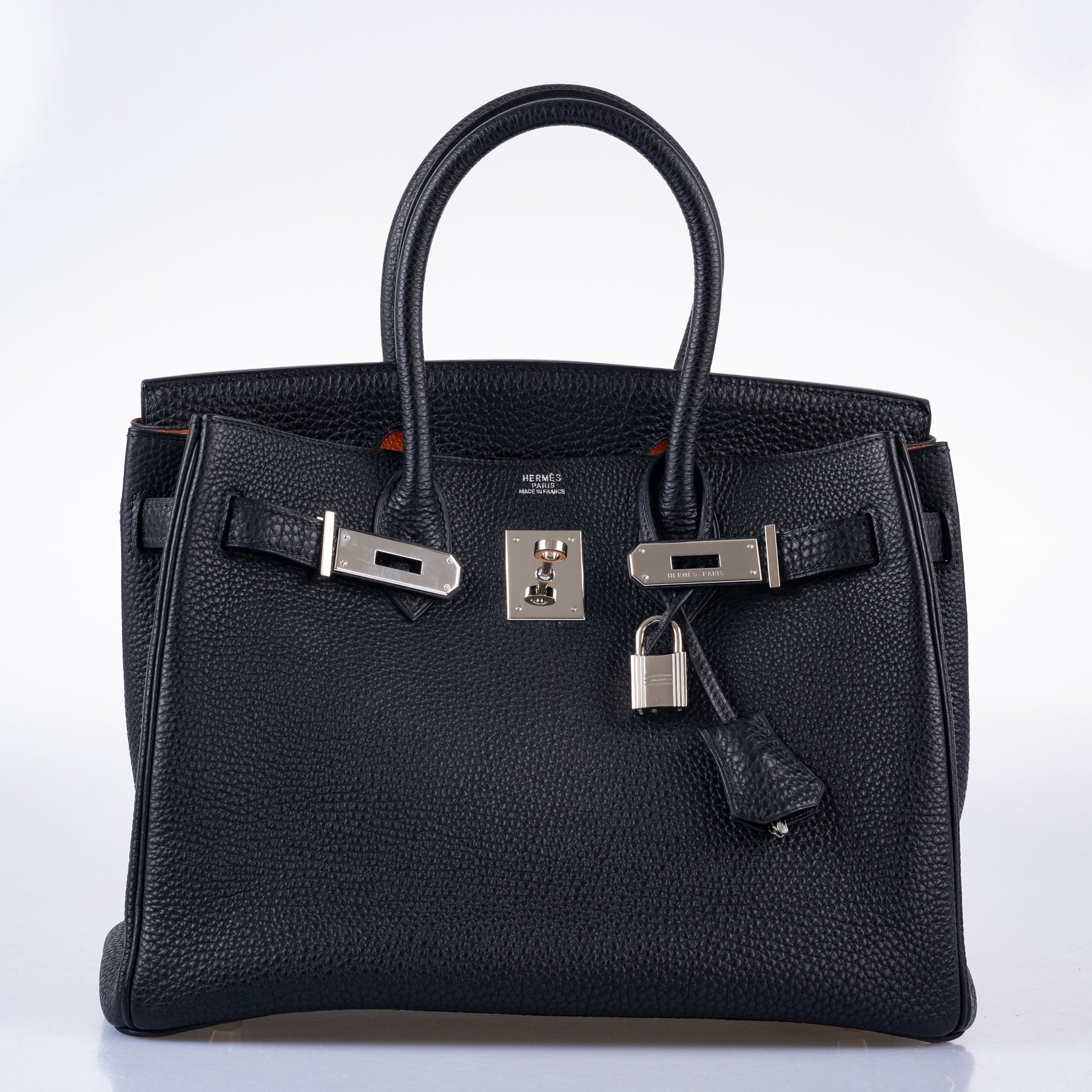 Hermès Birkin 30 Noir Togo Palladium Hardware, three-quarter view with clochette