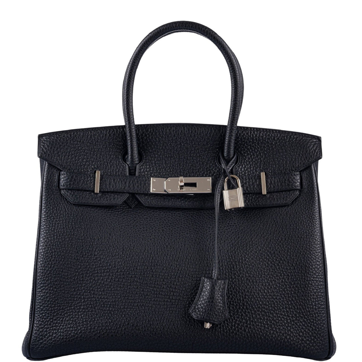 Hermès Birkin 30 Noir Togo Palladium Hardware, front view, closed with lock and clochette