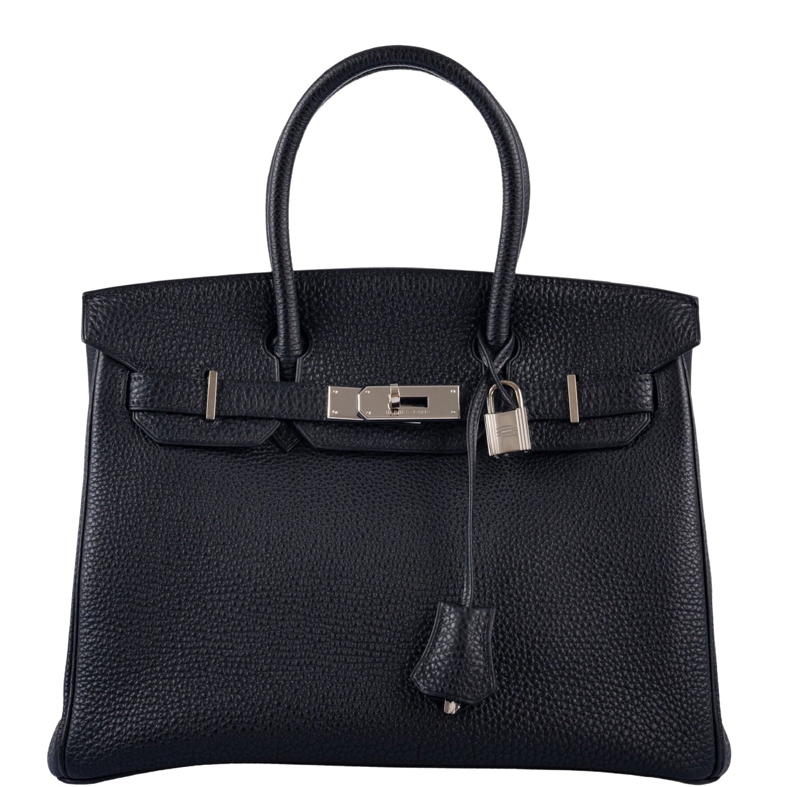 Hermès Birkin 30 Noir Togo Palladium Hardware, front view, closed with lock and clochette