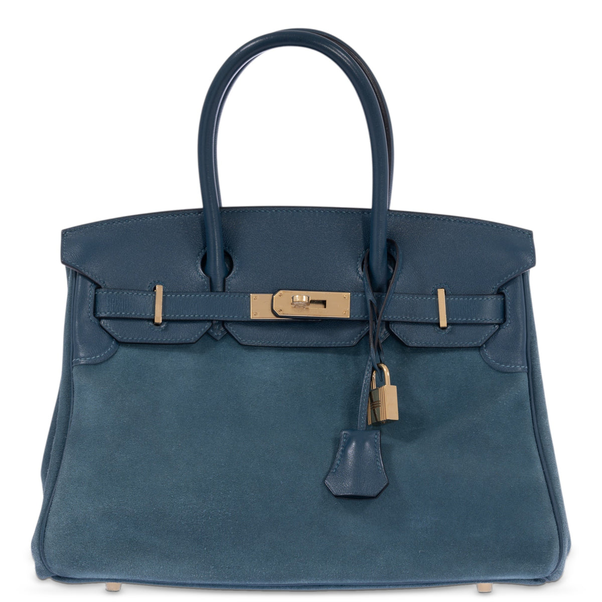 Hermès Birkin 30 Bleu Tempête Grizzly Doblis and Swift Permabrass Hardware, front view