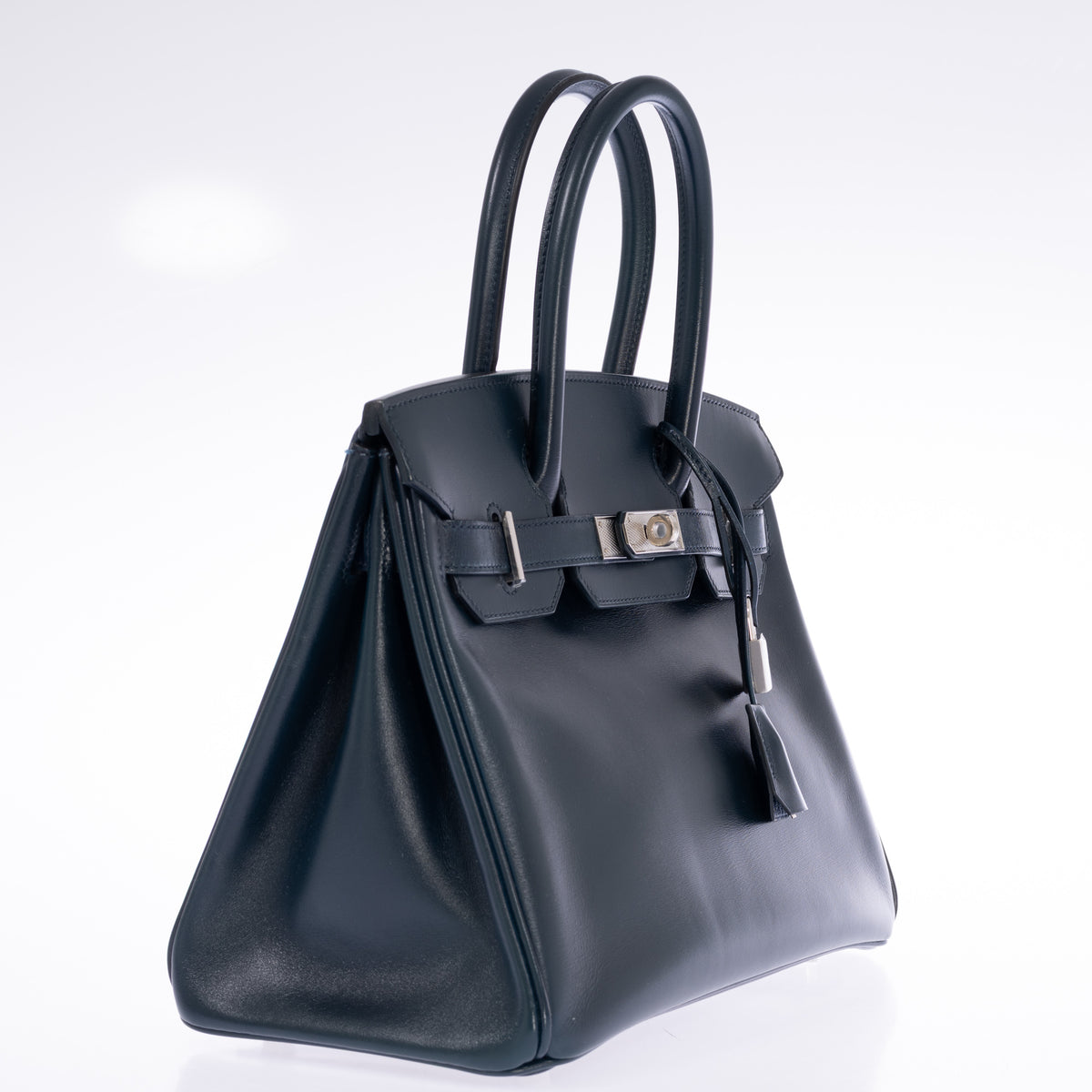 Hermès Birkin 30 Bleu de Prusse Box Calf Guilloche Palladium Hardware, three-quarter view showing the left side