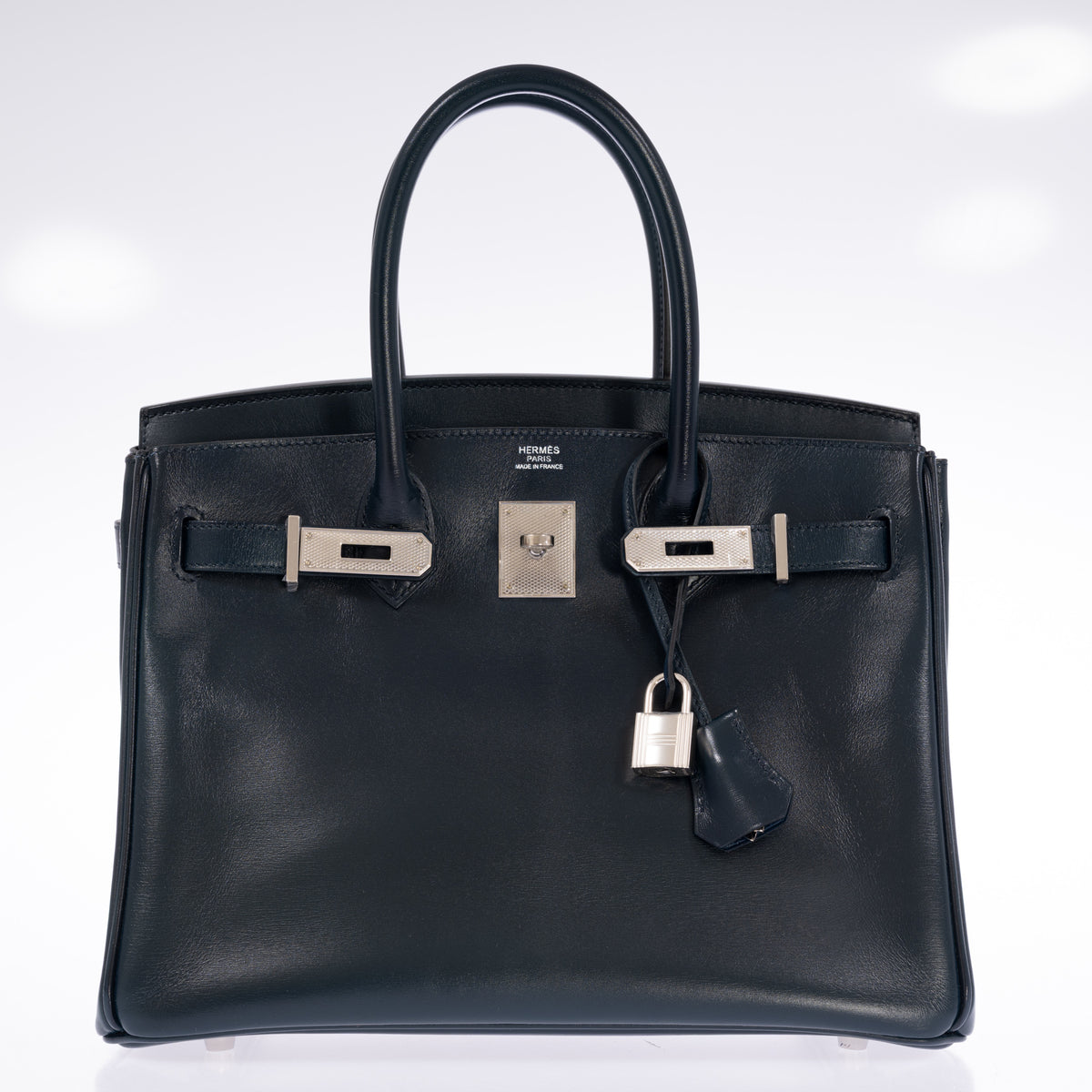 Hermès Birkin 30 Bleu de Prusse Box Calf Guilloche Palladium Hardware, front view with the flap open and the straps unfastened, showing the HERMÈS PARIS MADE IN FRANCE heat stamp and the guilloche hardware