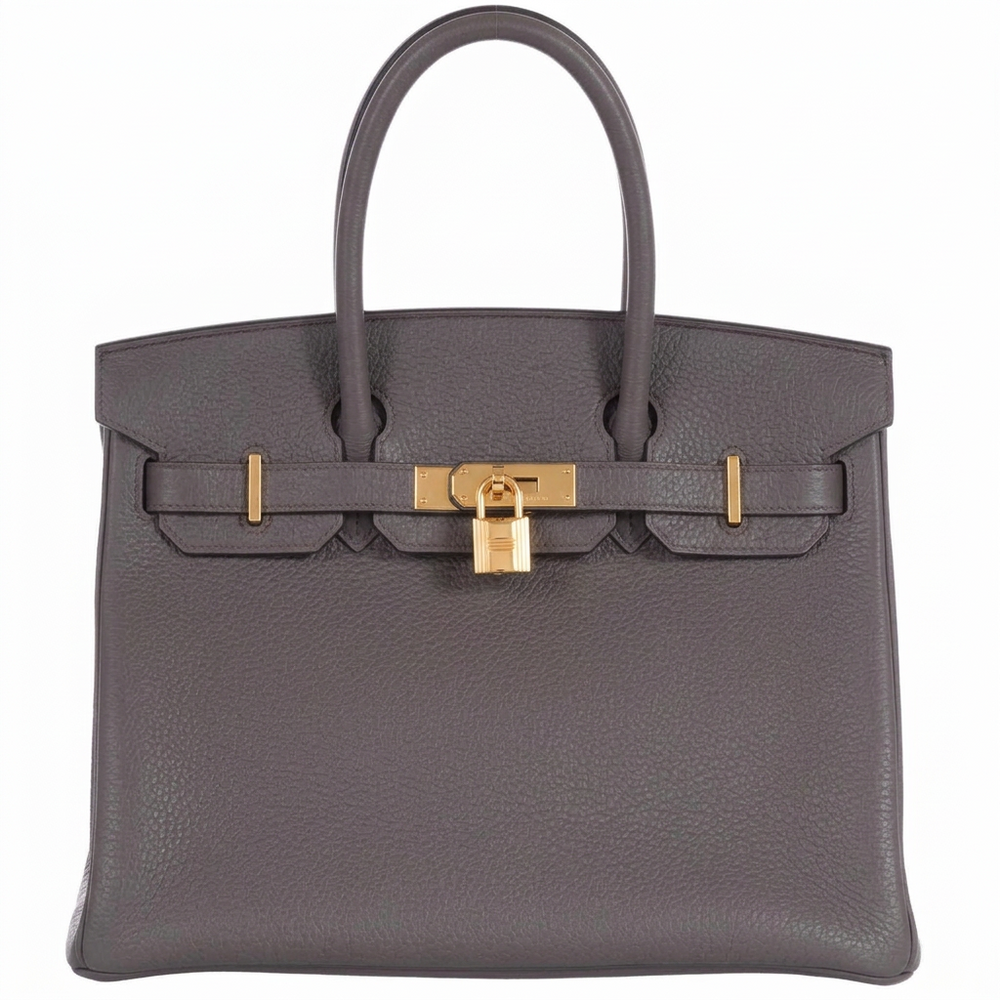 Hermès Birkin 30 Étain Clémence Gold Hardware, front view, closed with lock