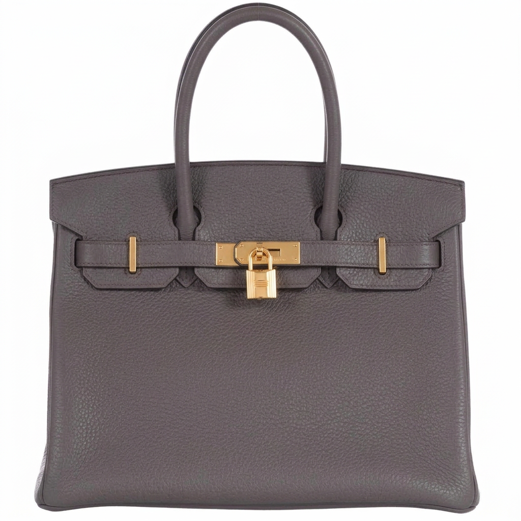 Hermès Birkin 30 Étain Clémence Gold Hardware, front view, closed with lock