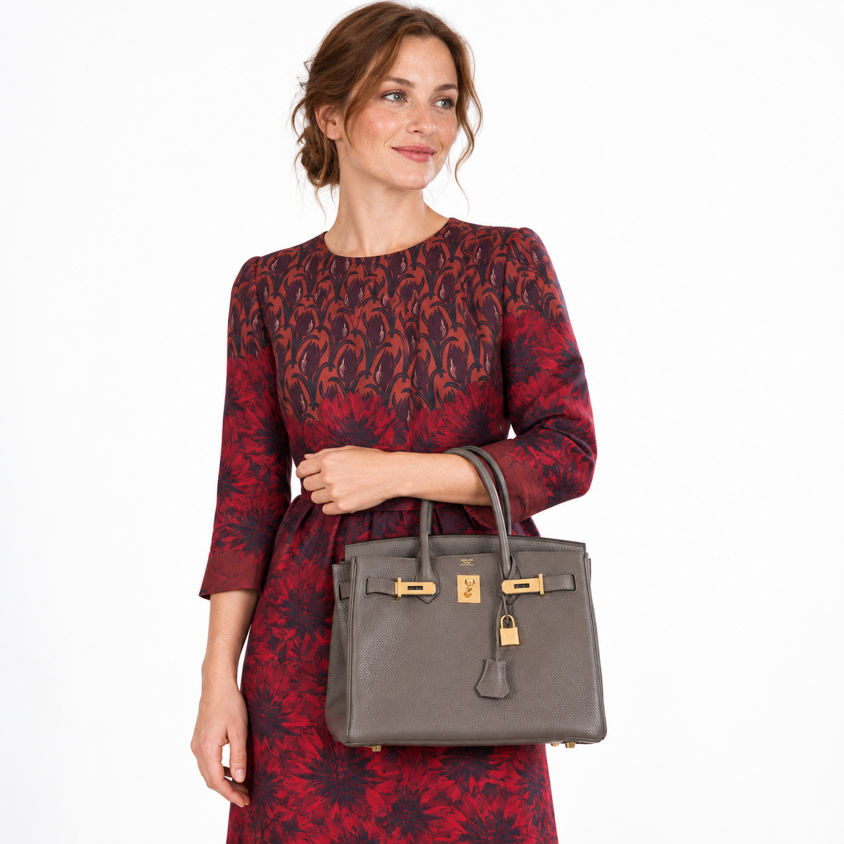 Hermès Birkin 30 Étain Clémence Gold Hardware, carried by a model