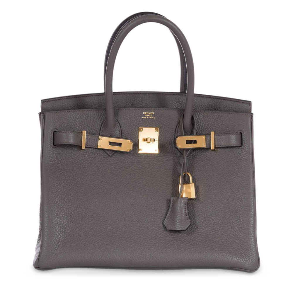 Hermès Birkin 30 Etain Tin Grey Clemence Gold Hardware, front view with lock and clochette