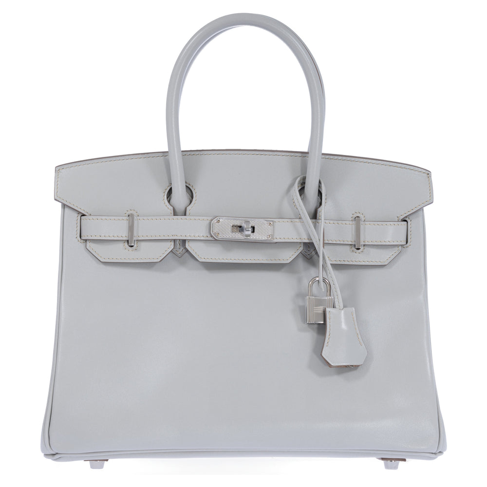 Hermès Birkin 30 Gris Perle Box Calf Guilloche Palladium Hardware, front view with the flap closed and the straps fastened at the turn-lock