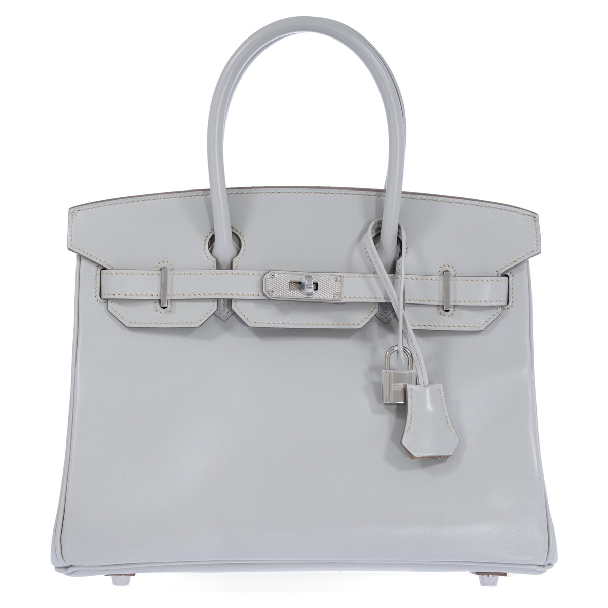 Hermès Birkin 30 Gris Perle Box Calf Guilloche Palladium Hardware, front view with the flap closed and the straps fastened at the turn-lock