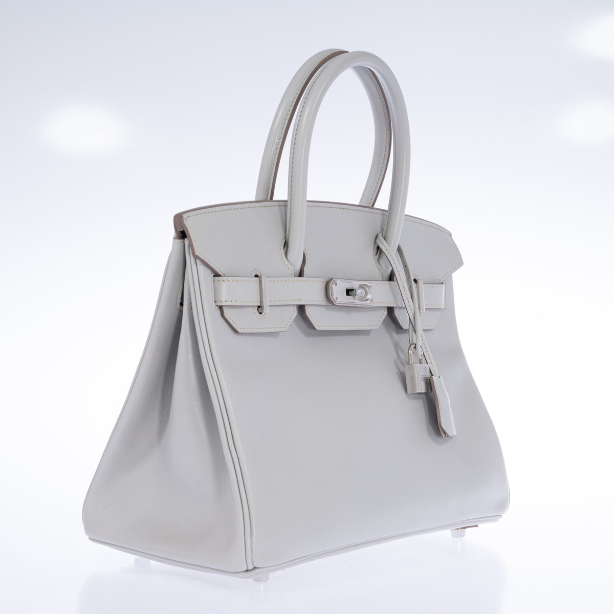 Hermès Birkin 30 Gris Perle Box Calf Guilloche Palladium Hardware, three-quarter view showing the left side
