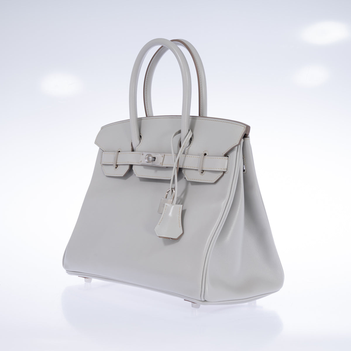 Hermès Birkin 30 Gris Perle Box Calf Guilloche Palladium Hardware, three-quarter view showing the right side