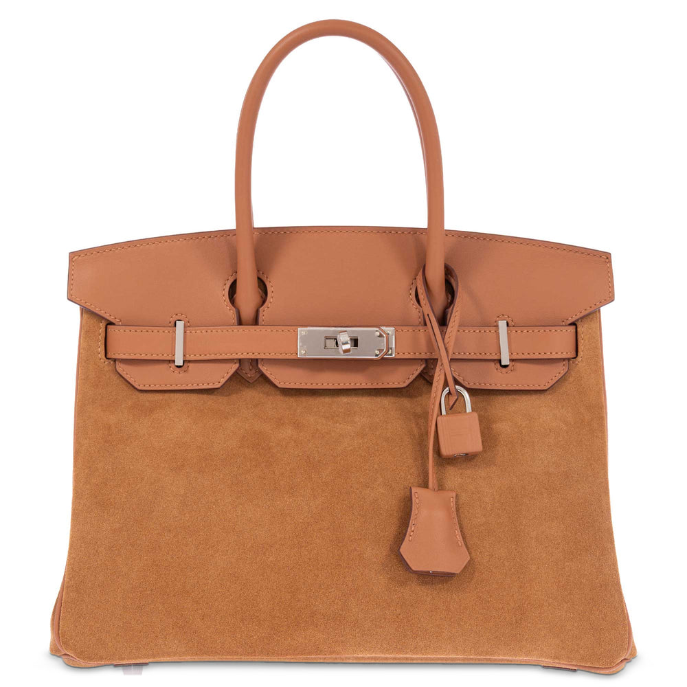 Hermès Birkin 30 Grizzly Chamois Veau Doblis Suede and Alezan Swift with Palladium Hardware, front view