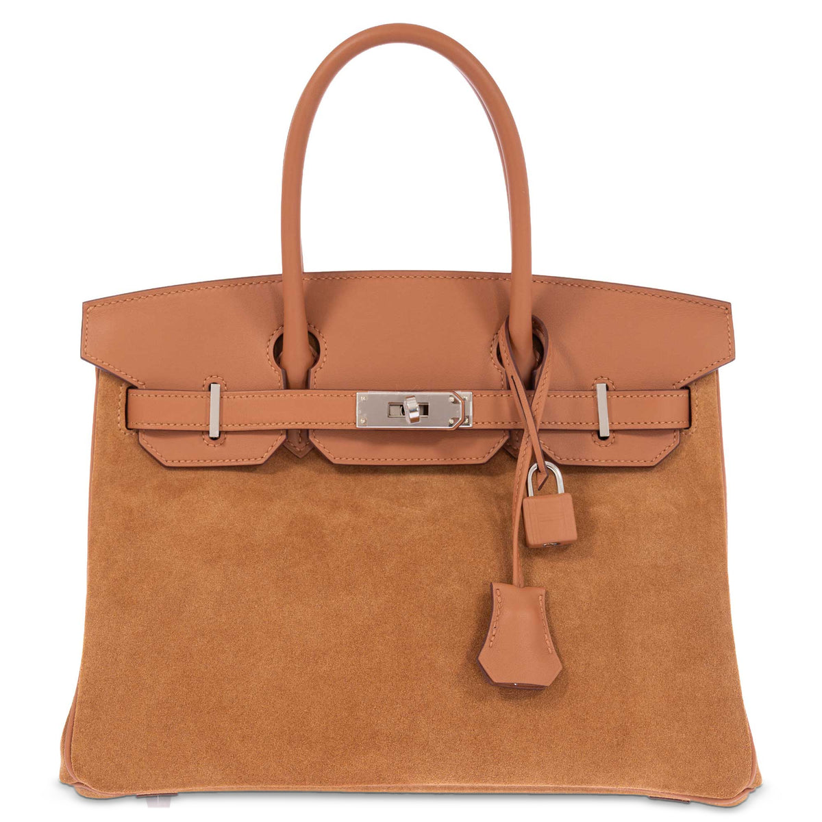 Hermès Birkin 30 Grizzly Chamois Veau Doblis Suede and Alezan Swift with Palladium Hardware, front view