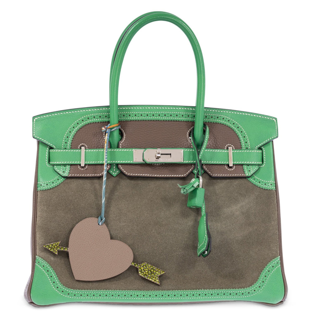 Hermès Birkin 30 Grizzly Ghillies Étoupe/Bambou/Vert de Gris Veau Doblis/Clemence/Evercolor Palladium Hardware, front view